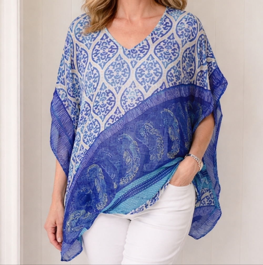 Chico's Shirt Top Womens Size L/XL Linen Poncho Coastal Artsy Oversized